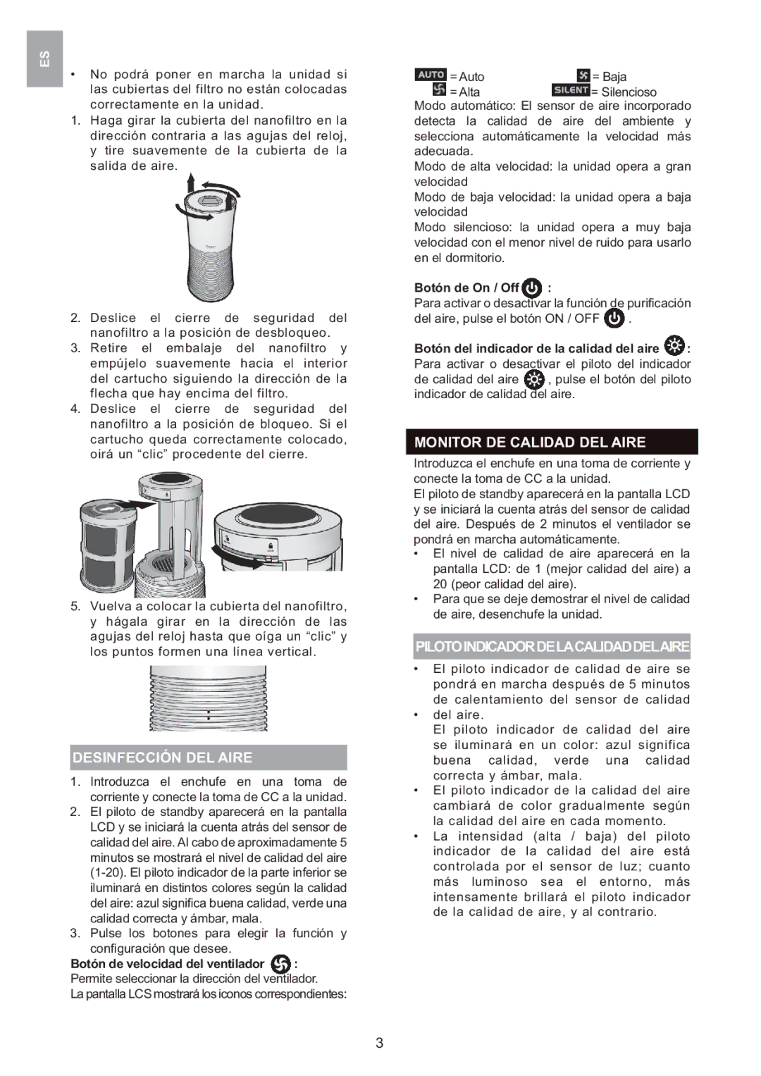 Oregon Scientific WS907 user manual Desinfección DEL Aire, Monitor DE Calidad DEL Aire, Pilotoindicadordelacalidaddelaire 