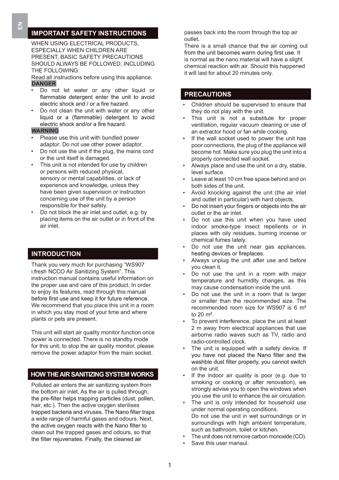 Oregon Scientific WS907 Important Safety Instructions, Introduction, HOW Theair Sanitizing System Works, Precautions 