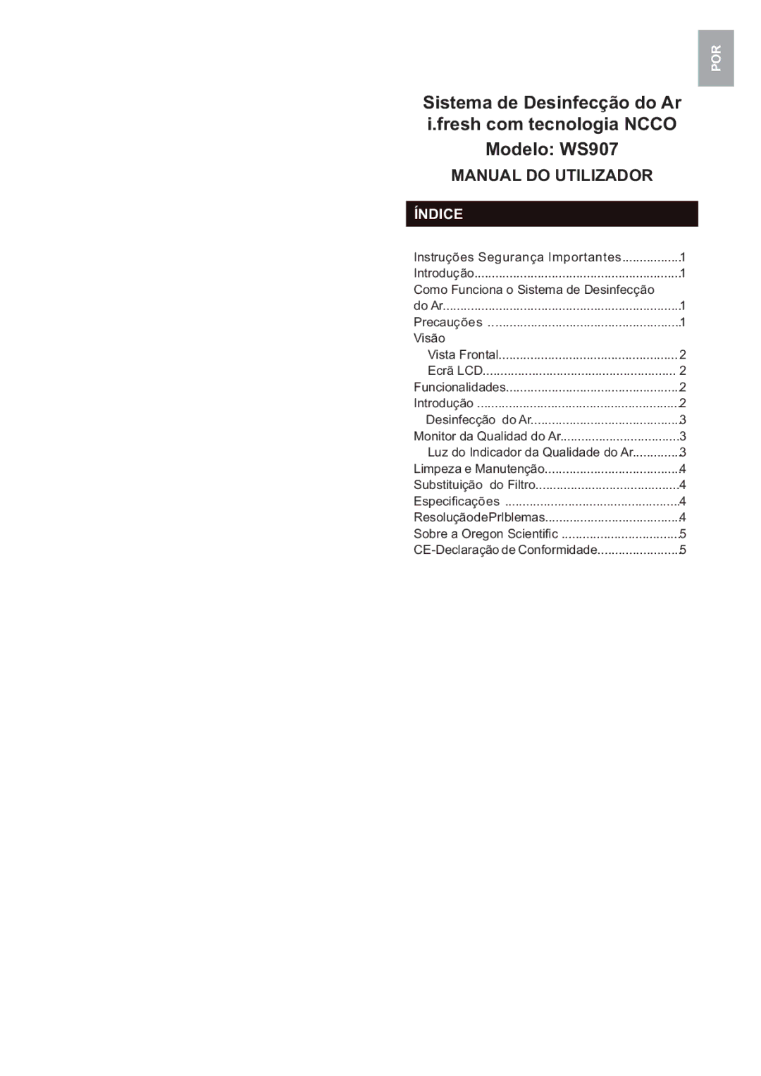 Oregon Scientific WS907 user manual Manual do Utilizador, Índice 