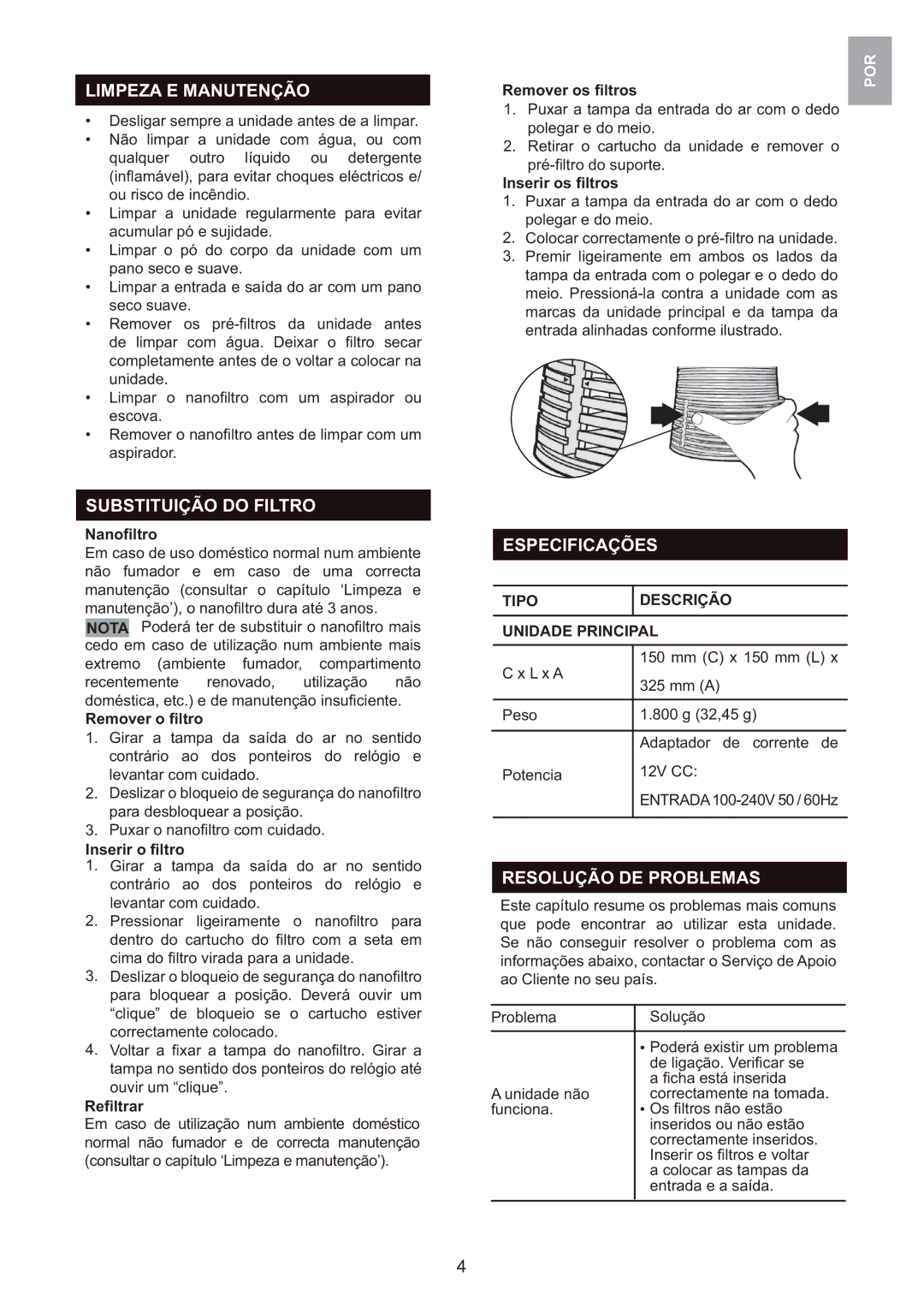 Oregon Scientific WS907 user manual Limpeza E Manutenção, Substituição do Filtro, Especificações, Resolução DE Problemas 