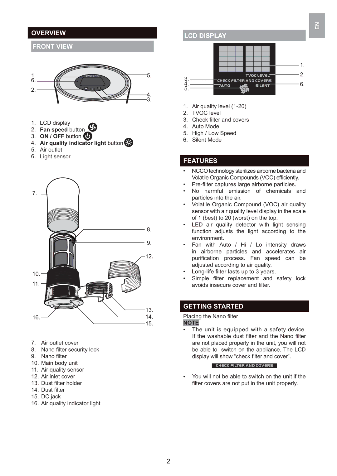 Oregon Scientific WS907 Overview LCD Display Front View, Features, Getting Started, Fan speed button On / OFF button 