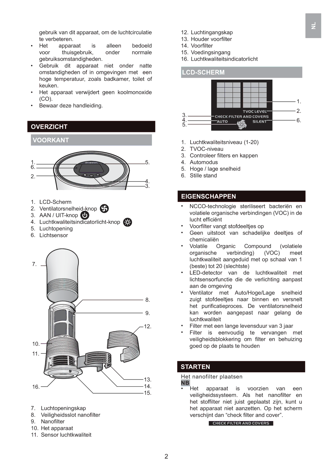 Oregon Scientific WS907 user manual Overzicht Voorkant, Lcd-Scherm, Eigenschappen, Starten 