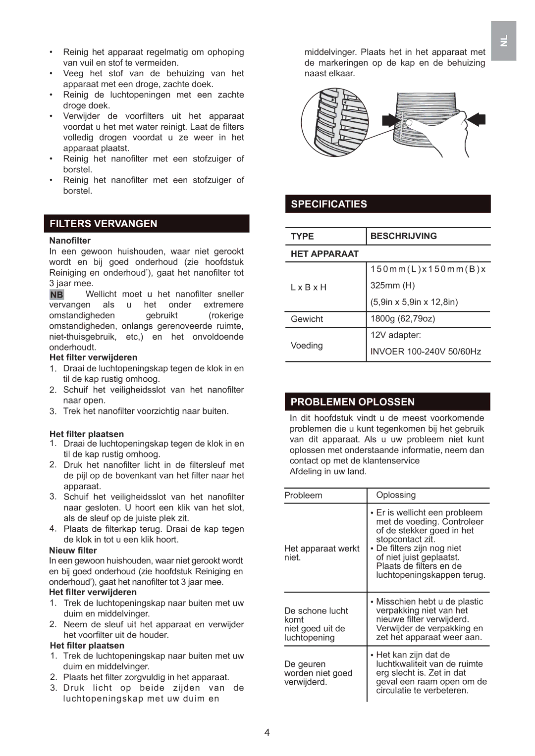 Oregon Scientific WS907 user manual Filters Vervangen, Specificaties, Problemen Oplossen, Type Beschrijving HET Apparaat 