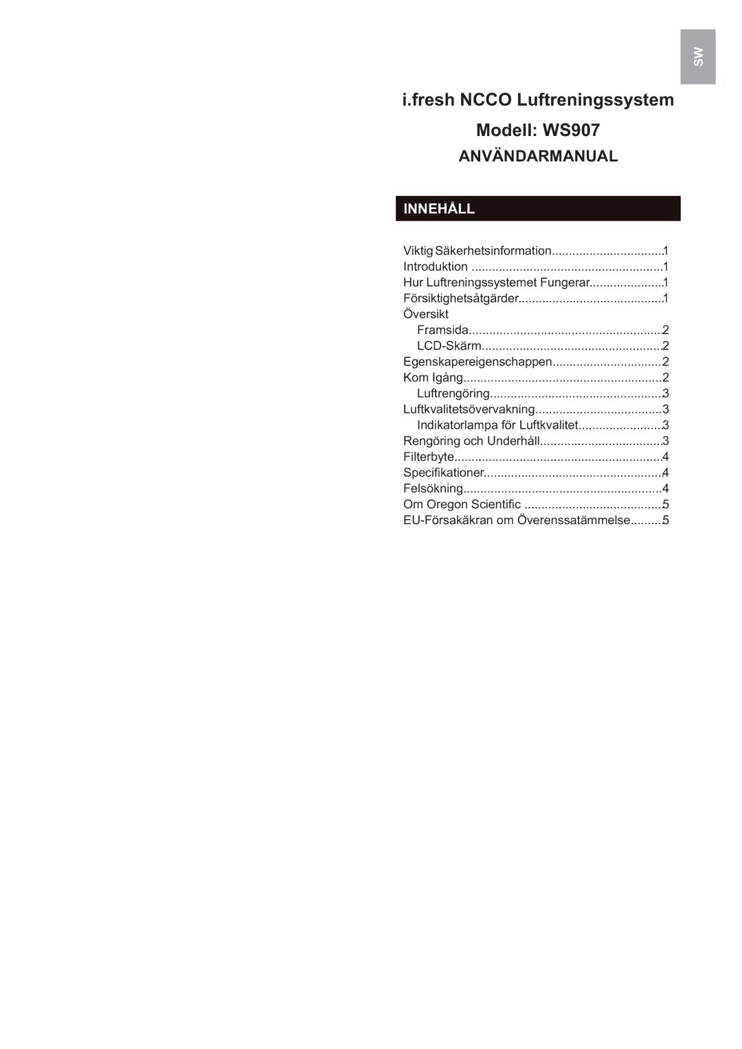 Oregon Scientific WS907 user manual Fresh Ncco Luftreningssystem, Innehåll 