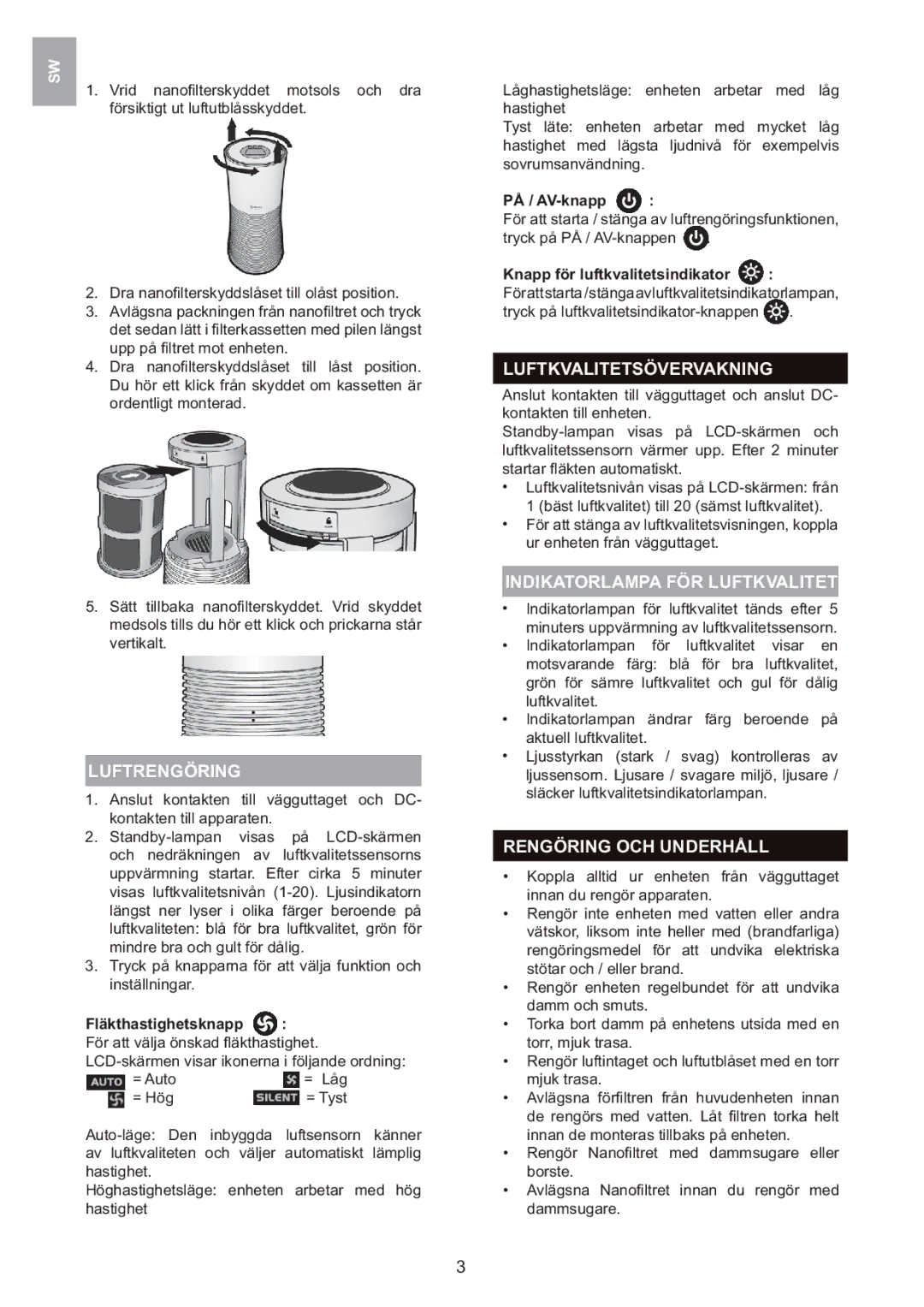 Oregon Scientific WS907 user manual Luftrengöring, Fläkthastighetsknapp, PÅ / AV-knapp Knapp för luftkvalitetsindikator 