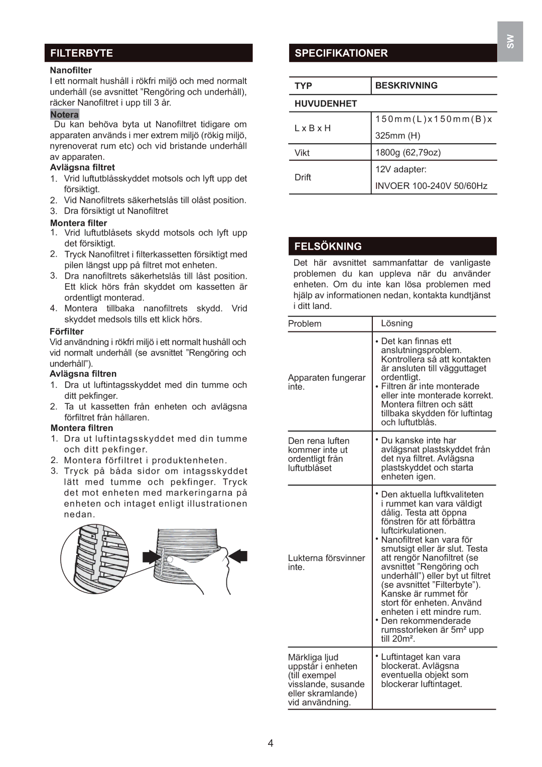 Oregon Scientific WS907 user manual Filterbyte, Specifikationer, Felsökning, TYP Beskrivning Huvudenhet 