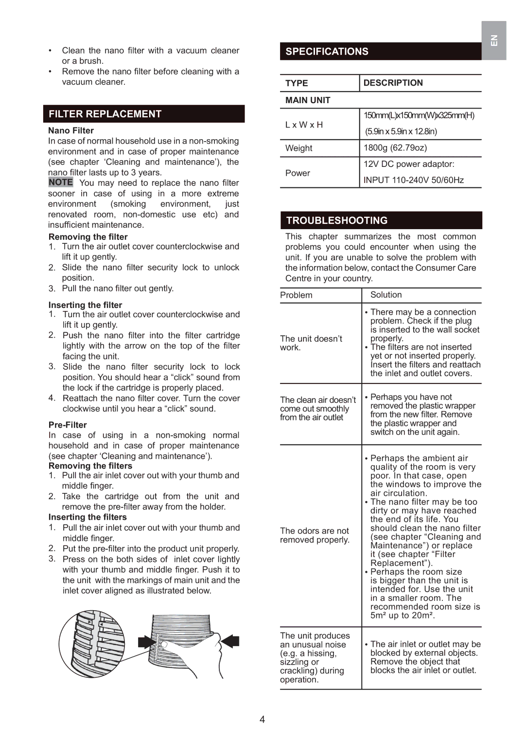 Oregon Scientific WS907 user manual Filter Replacement, Specifications, Troubleshooting, Type Description Main Unit 