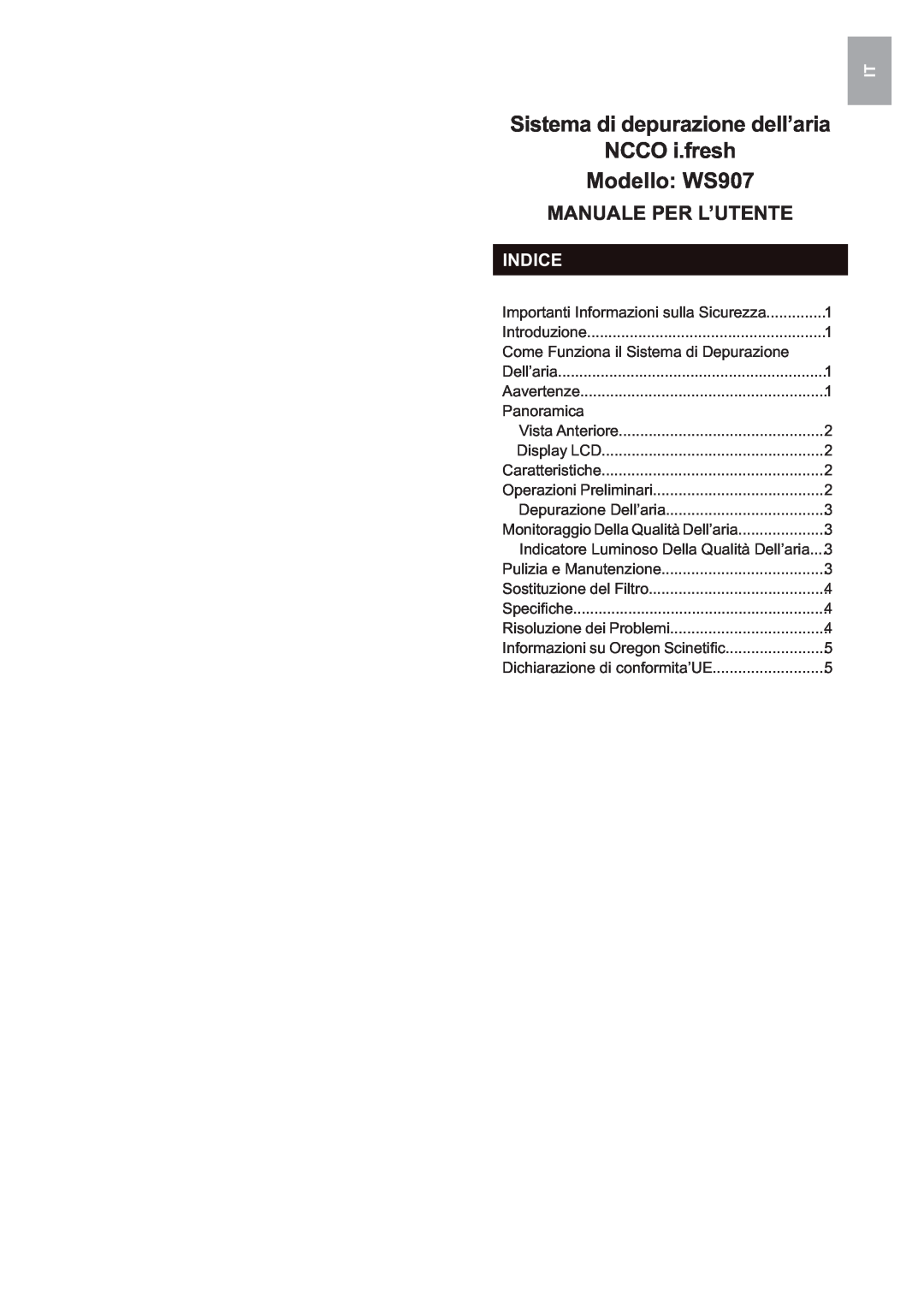 Oregon Scientific user manual Sistema di depurazione dell’aria NCCO i.fresh, Modello WS907, Manuale Per L’Utente, Indice 