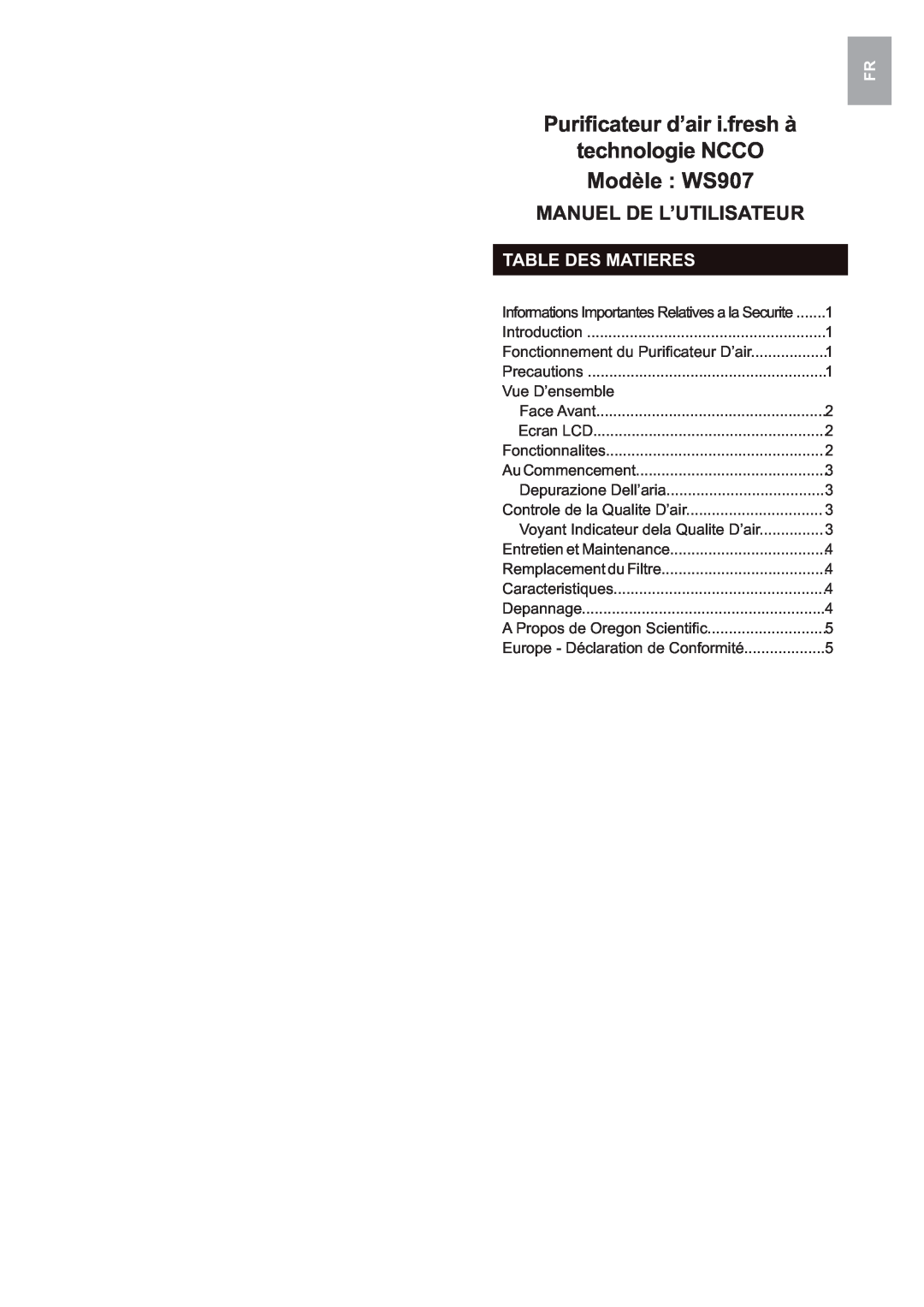 Oregon Scientific user manual technologie NCCO, Modèle WS907, Manuel De L’Utilisateur, Table Des Matieres 
