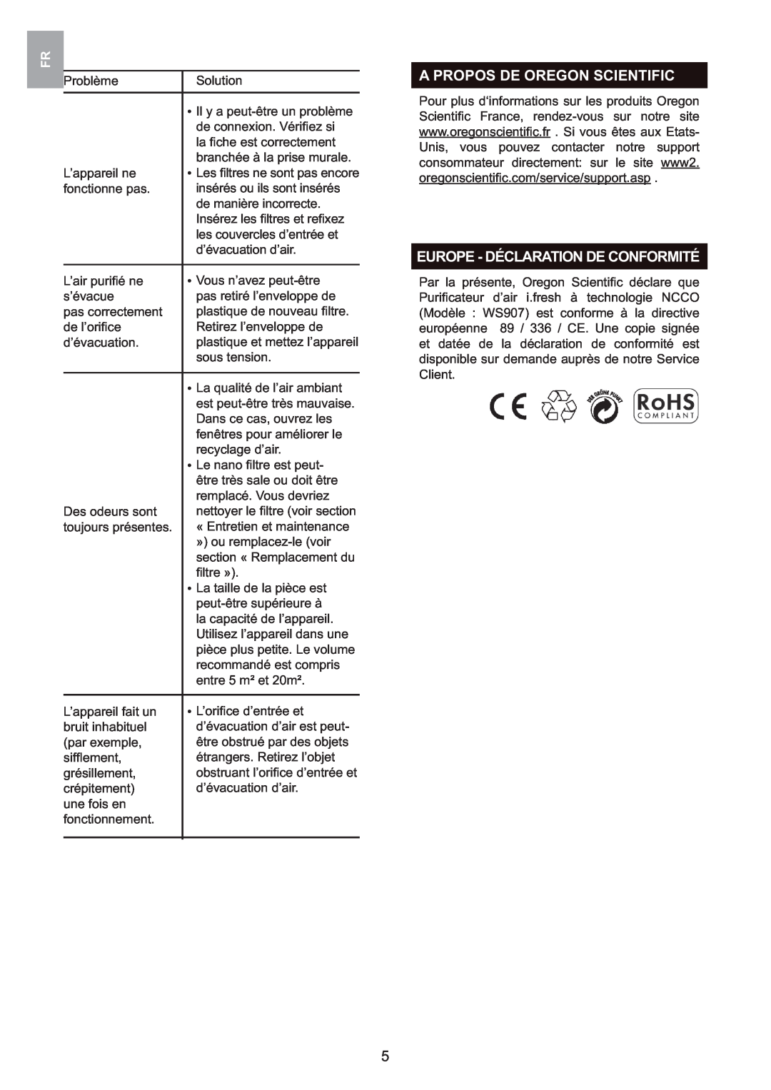 Oregon Scientific WS907 user manual A Propos De Oregon Scientific, Europe - Déclaration De Conformité 