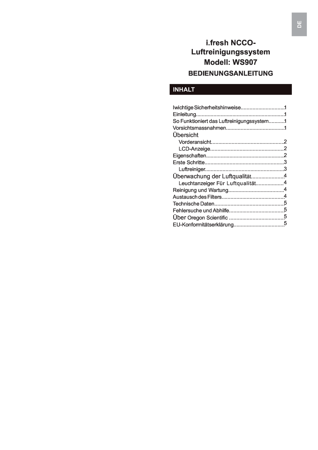 Oregon Scientific user manual i.fresh NCCO, Luftreinigungssystem, Modell: WS907, Bedienungsanleitung, Inhalt, Übersicht 