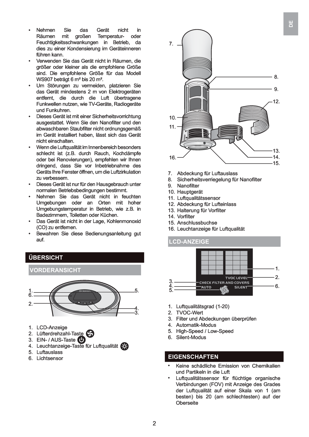 Oregon Scientific WS907 user manual Übersicht Vorderansicht, Lcd-Anzeige, Eigenschaften 
