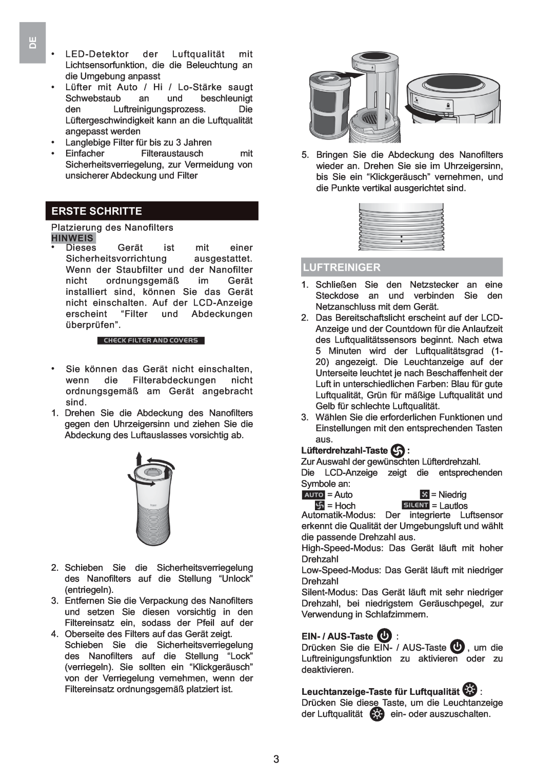 Oregon Scientific WS907 user manual Erste Schritte, Luftreiniger, Hinweis, Lüfterdrehzahl-Taste, EIN- / AUS-Taste 