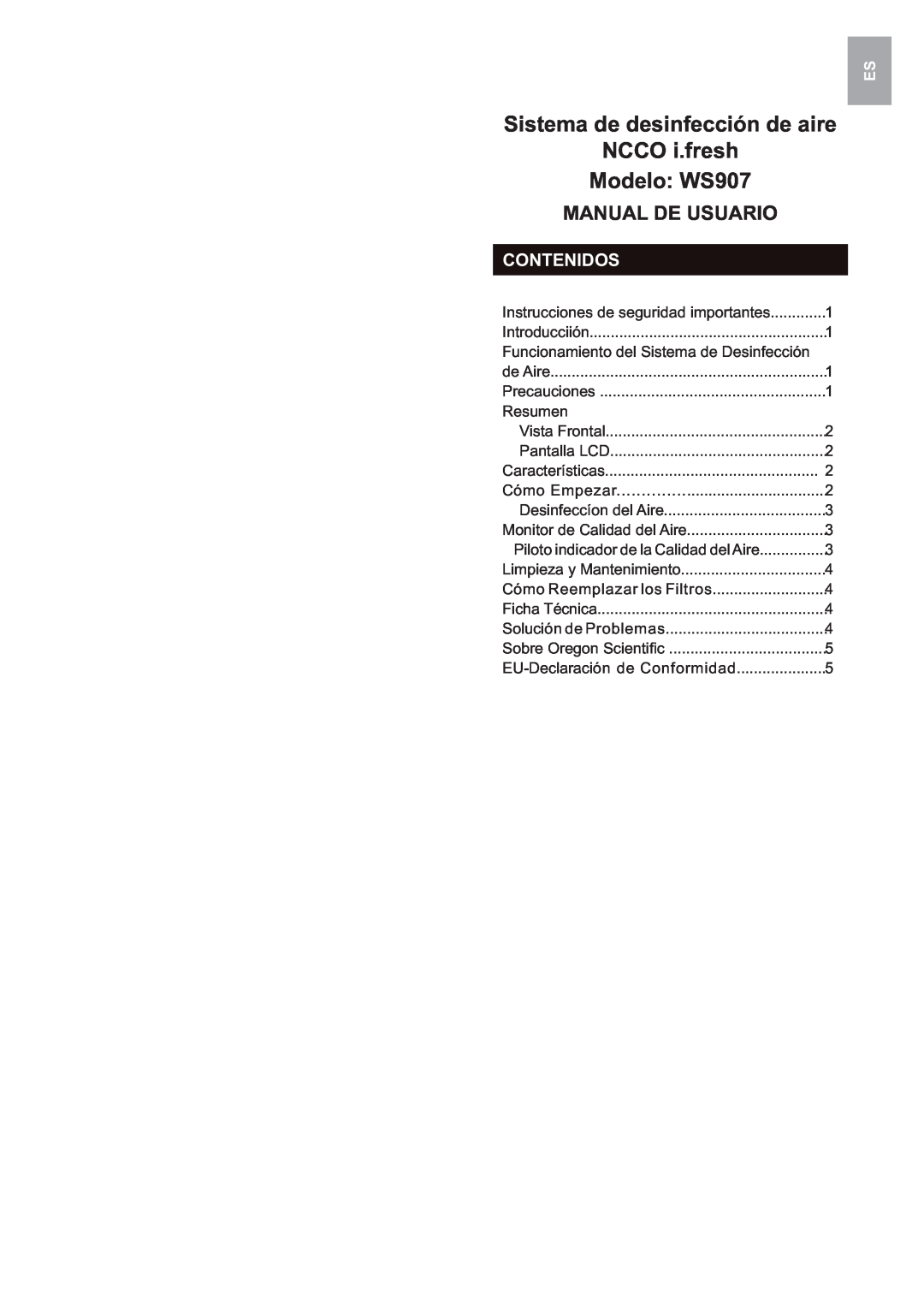 Oregon Scientific user manual Sistema de desinfección de aire NCCO i.fresh, Modelo WS907, Manual De Usuario, Contenidos 