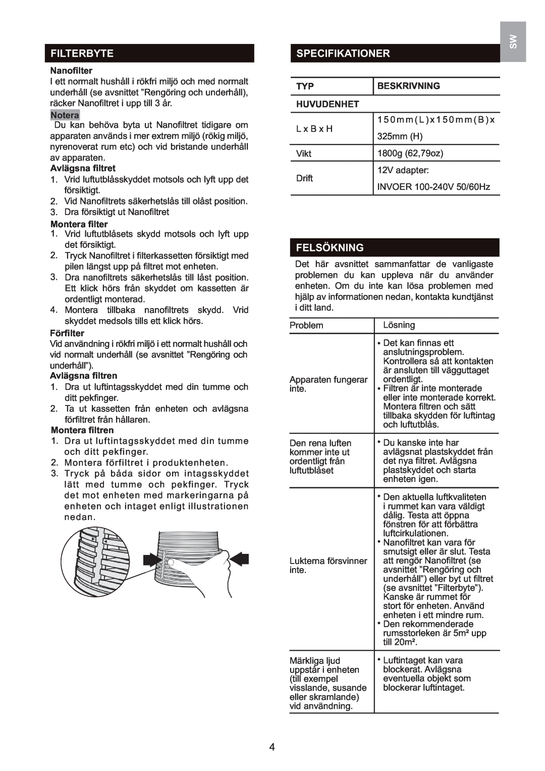 Oregon Scientific WS907 user manual Filterbyte, Specifikationer, Felsökning, Notera, Beskrivning, Huvudenhet 