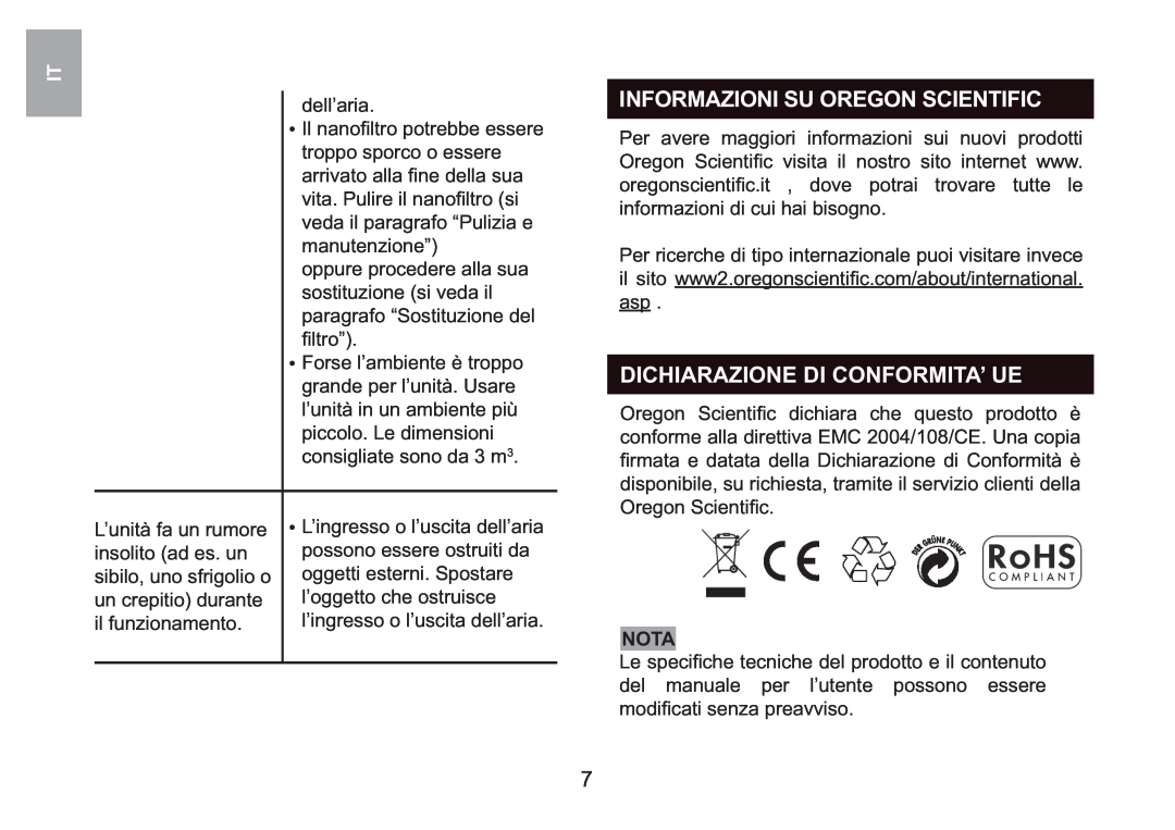 Oregon Scientific WS908 user manual Informazioni Su Oregon Scientific, Dichiarazione Di Conformita’ Ue, Nota 