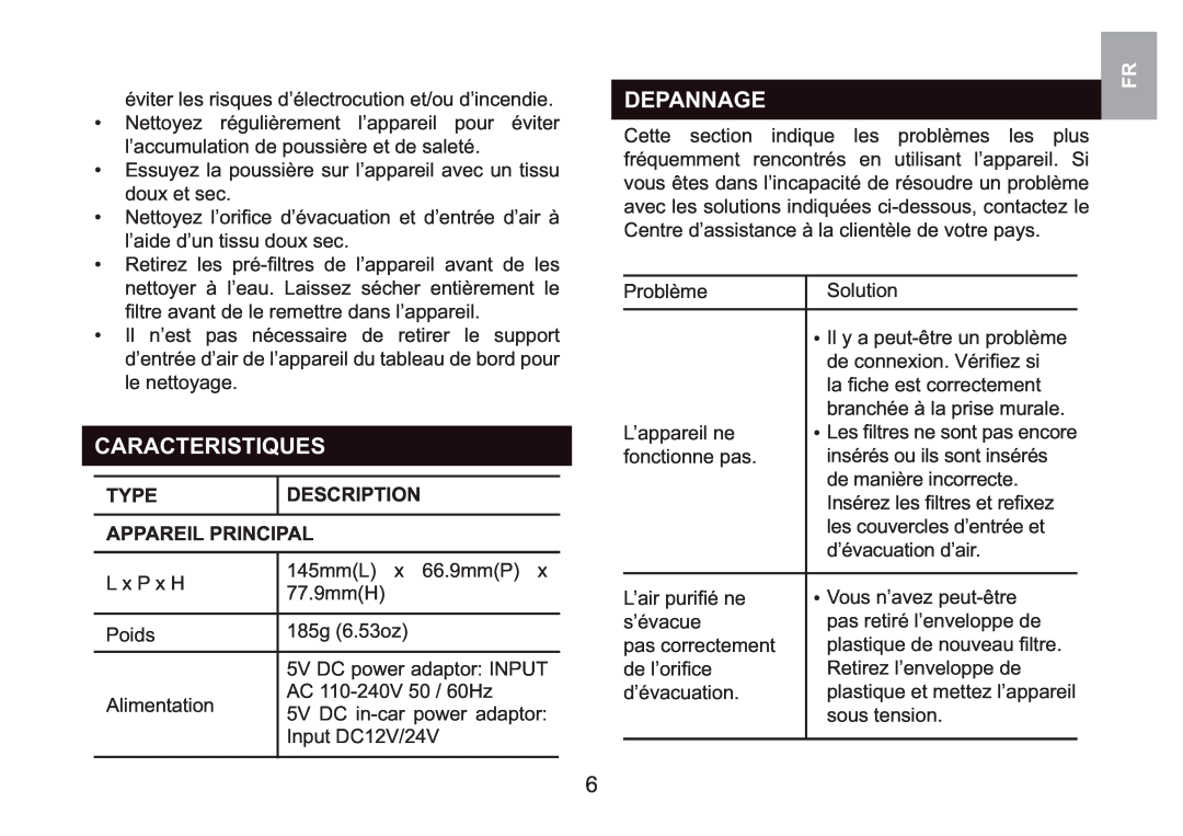 Oregon Scientific WS908 user manual Caracteristiques, Depannage, Appareil Principal, Type, Description 