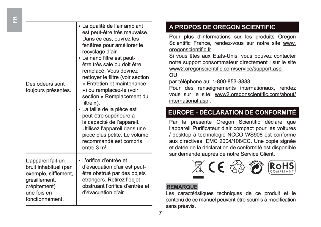 Oregon Scientific WS908 user manual A Propos De Oregon Scientific, Europe - Déclaration De Conformité, Remarque 