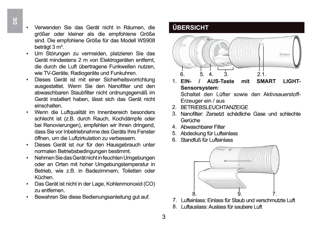 Oregon Scientific WS908 user manual Übersicht, EIN- / AUS-Tastemit SMART LIGHT- Sensorsystem 