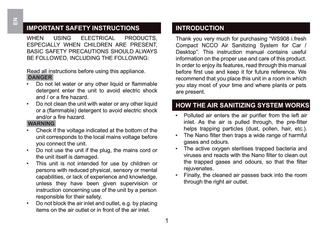 Oregon Scientific WS908 Important Safety Instructions, Introduction, How The Air Sanitizing System Works, Danger 