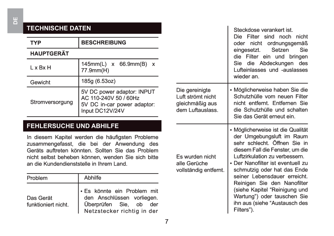 Oregon Scientific WS908 user manual Technische Daten, Fehlersuche Und Abhilfe, Beschreibung, Hauptgerät 
