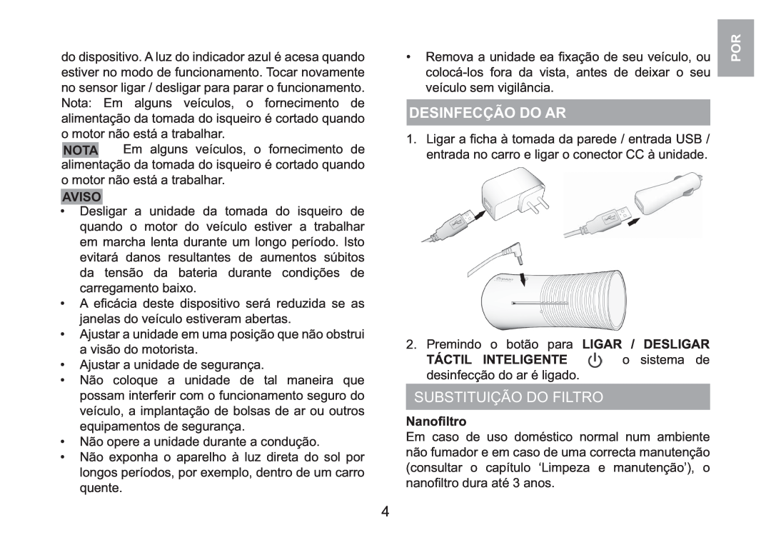 Oregon Scientific WS908 user manual Desinfecção Do Ar, Substituição Do Filtro, Aviso 