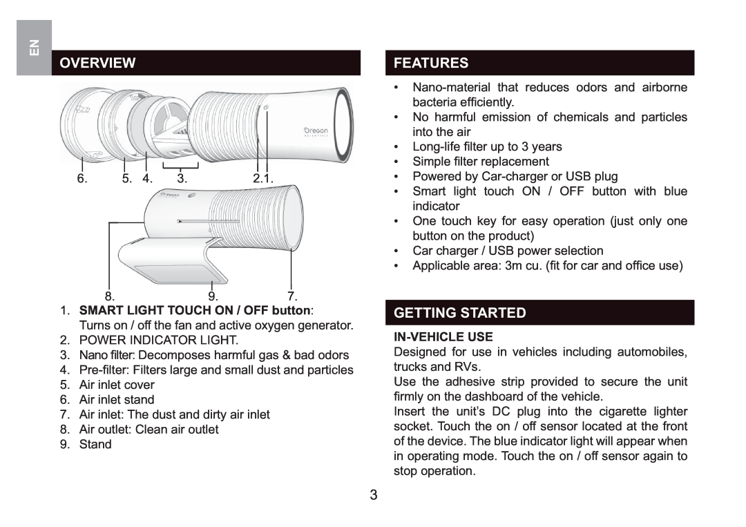 Oregon Scientific WS908 user manual Overview, Features, Getting Started, SMART LIGHT TOUCH ON / OFF button, In-Vehicleuse 