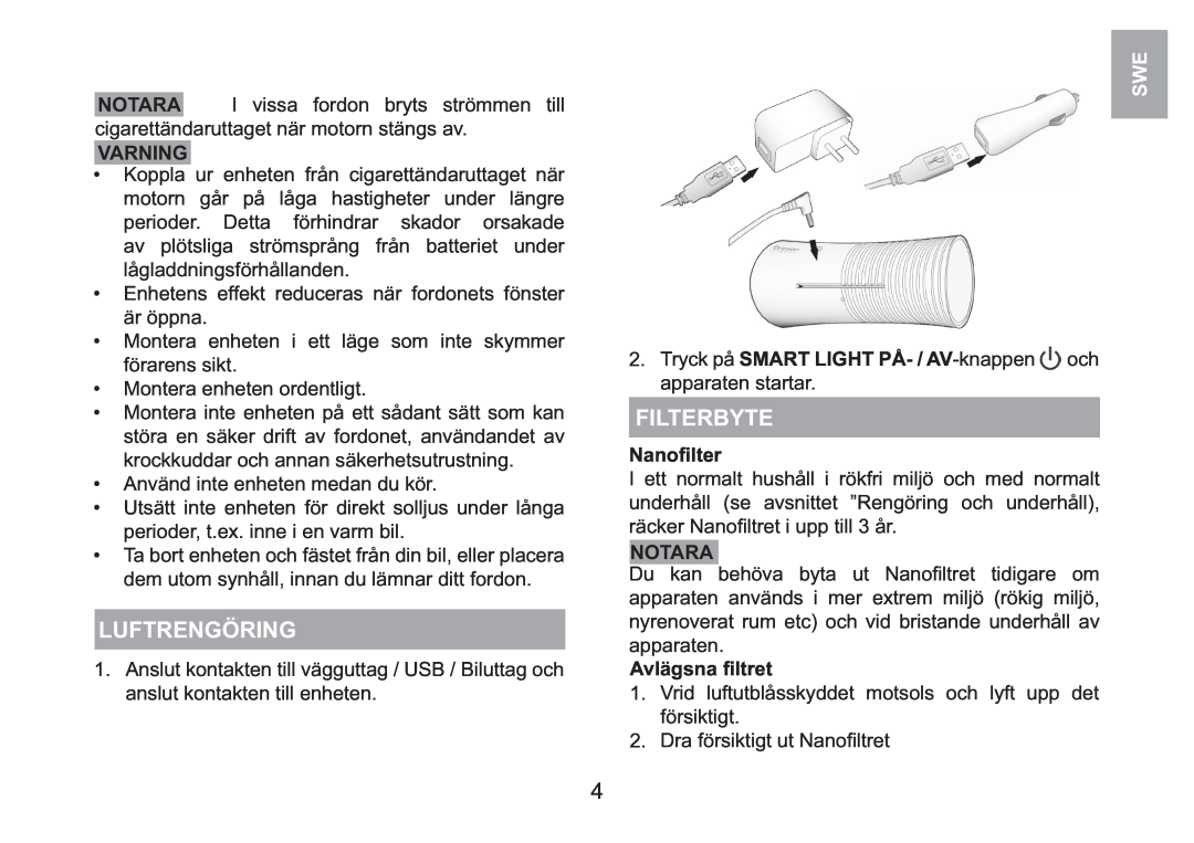 Oregon Scientific WS908 user manual Luftrengöring, Filterbyte, Notara, Varning 