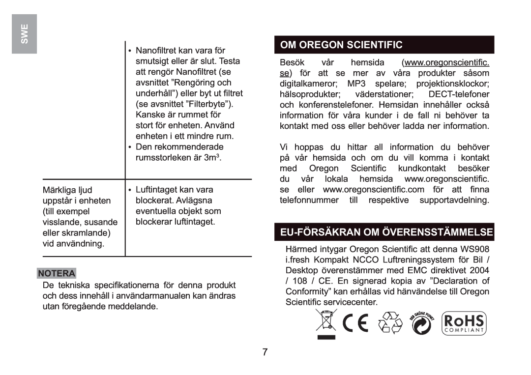 Oregon Scientific WS908 user manual Om Oregon Scientific, Eu-Försäkranom Överensstämmelse, Notera 
