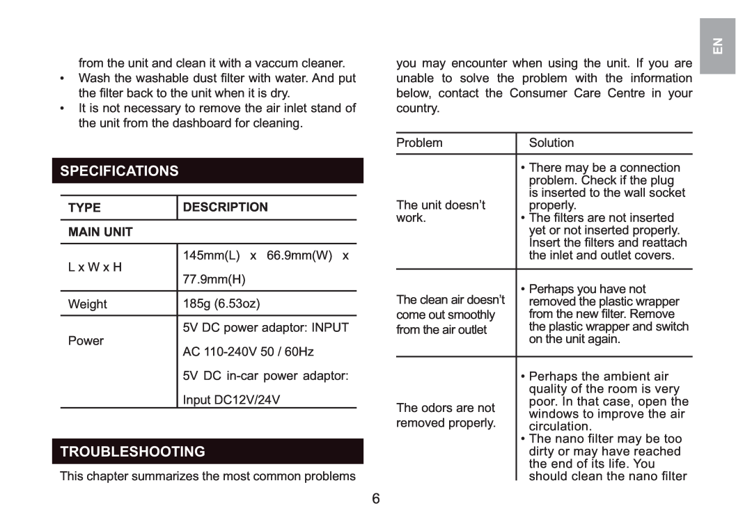 Oregon Scientific WS908 user manual Specifications, Troubleshooting, Type, Description, Main Unit 