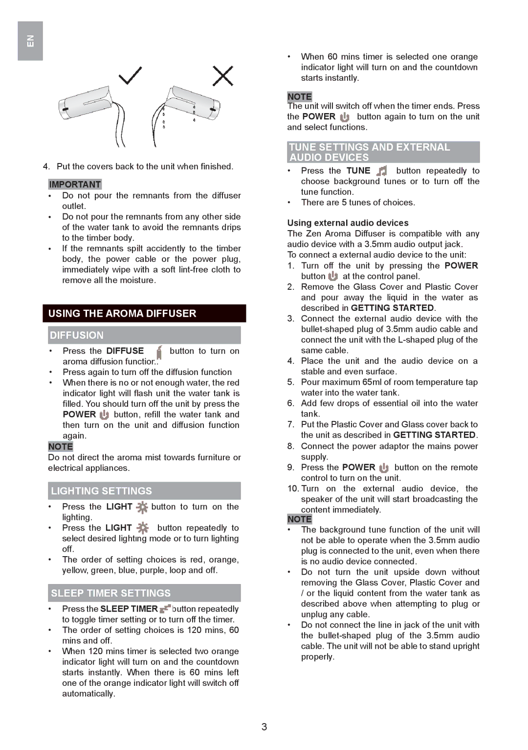 Oregon Scientific WS909 user manual Using the Aroma Diffuser Diffusion, Lighting Settings, Sleep Timer Settings 