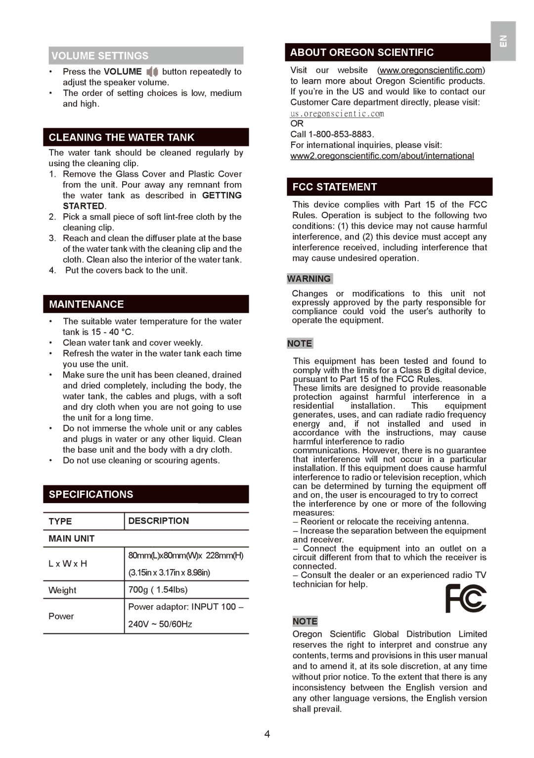 Oregon Scientific WS909 Volume Settings, Cleaning the Water Tank, Maintenance, Specifications, About Oregon Scientific 