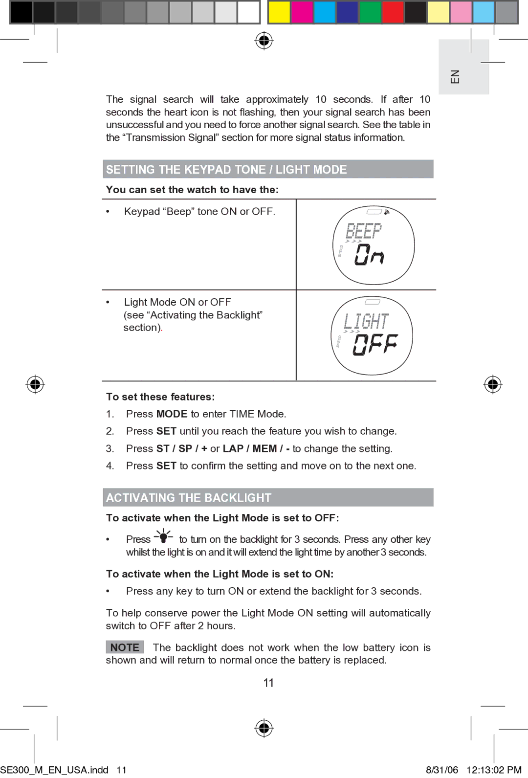 Oregon SE300 user manual Setting the Keypad Tone / Light Mode, Activating the Backlight 