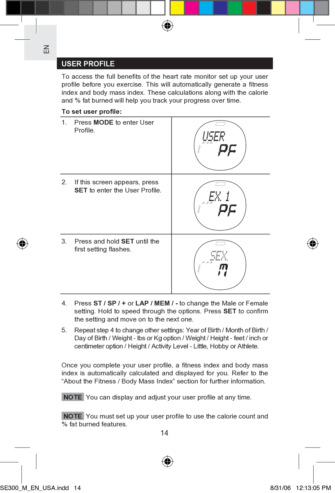 Oregon SE300 user manual User Profile, To set user proﬁle 