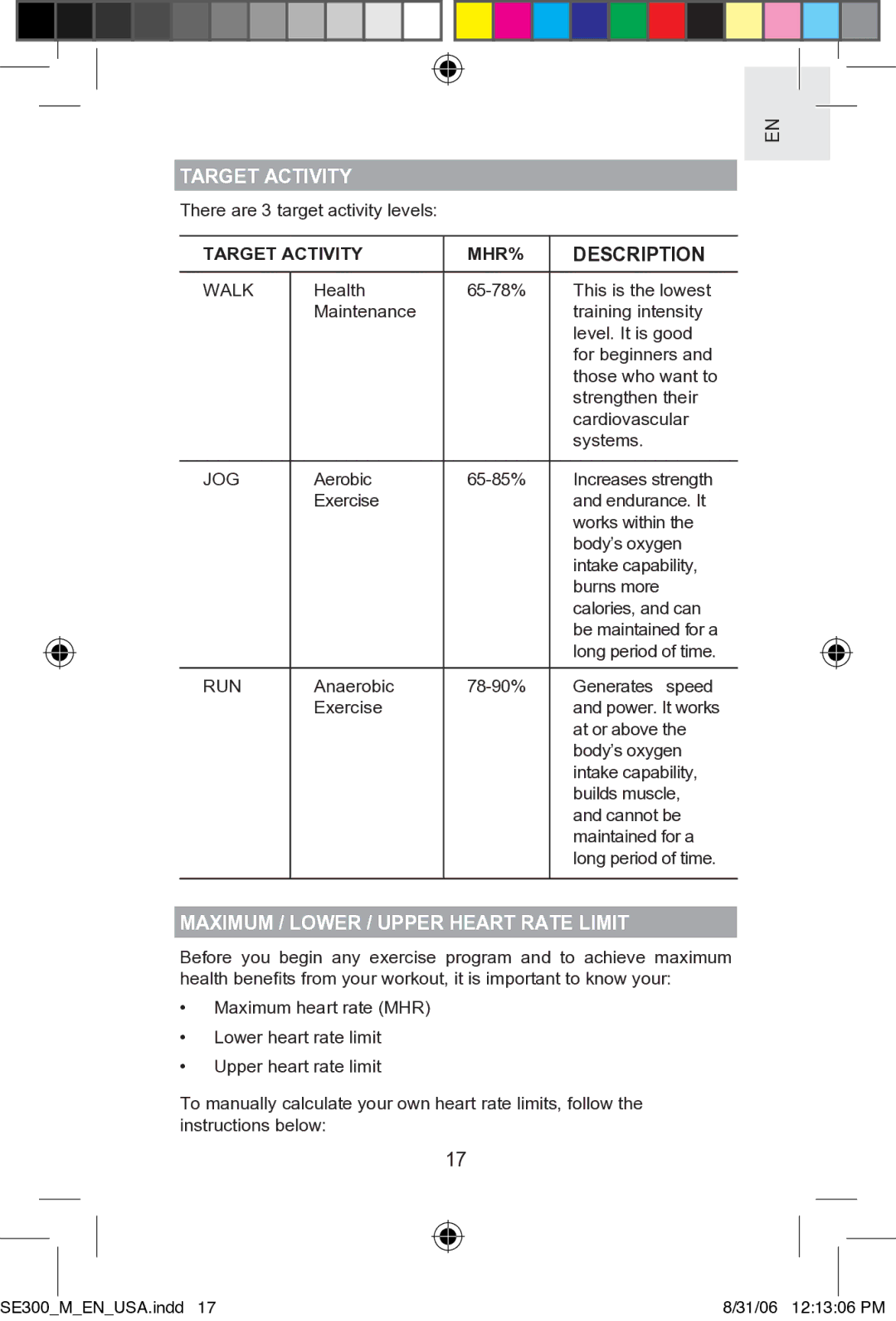 Oregon SE300 user manual Target Activity MHR% Description, Maximum / Lower / Upper Heart Rate Limit 