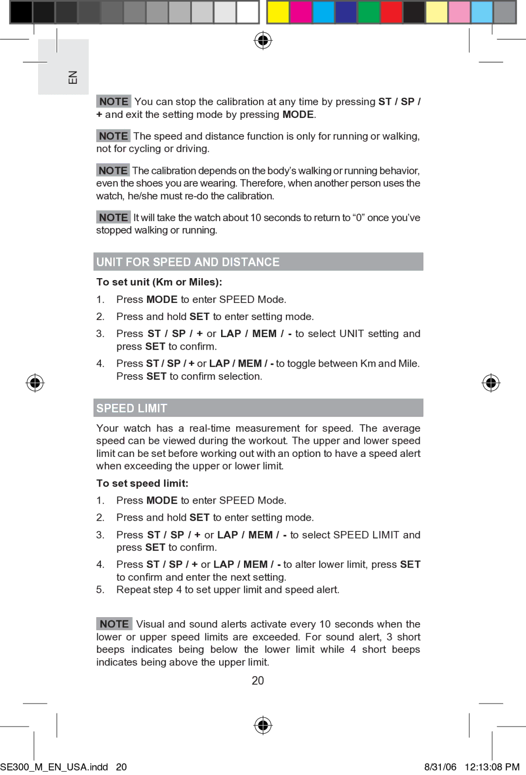 Oregon SE300 user manual Unit for Speed and Distance, To set unit Km or Miles, Speed Limit, To set speed limit 