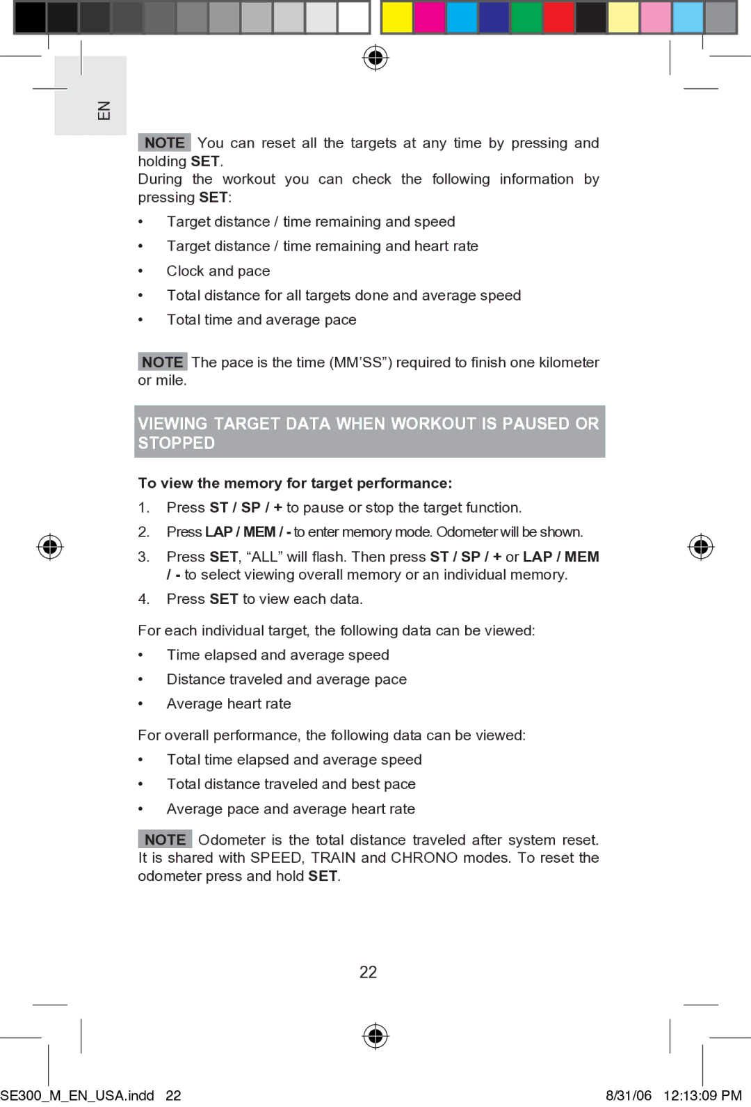 Oregon SE300 user manual Viewing Target Data When Workout is Paused or Stopped, To view the memory for target performance 