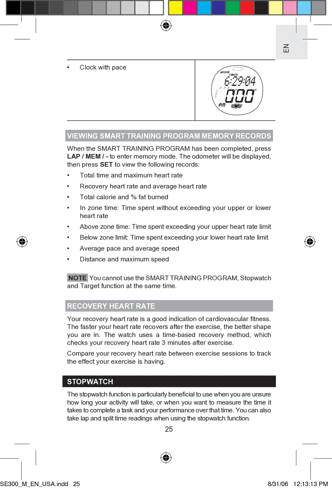 Oregon SE300 user manual Viewing Smart Training Program Memory Records, Recovery Heart Rate, Stopwatch 