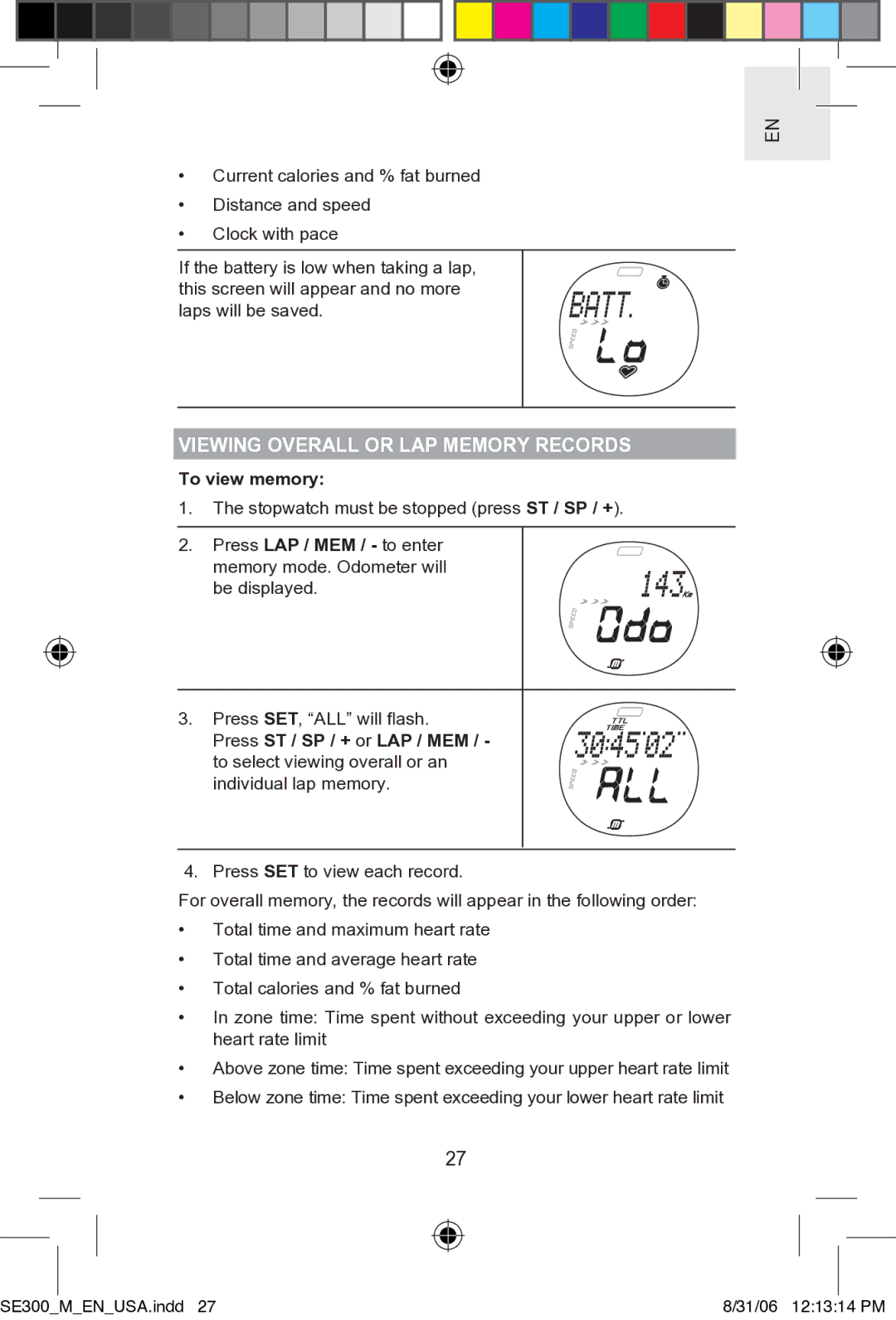 Oregon SE300 user manual Viewing Overall or LAP Memory Records, To view memory 