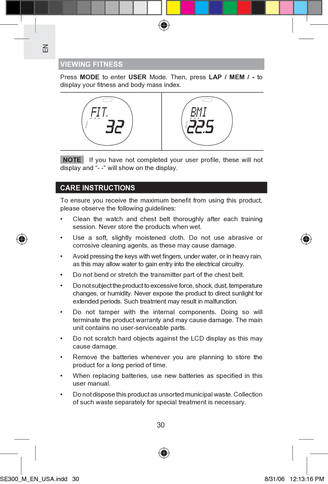 Oregon SE300 user manual Viewing Fitness, Care Instructions 