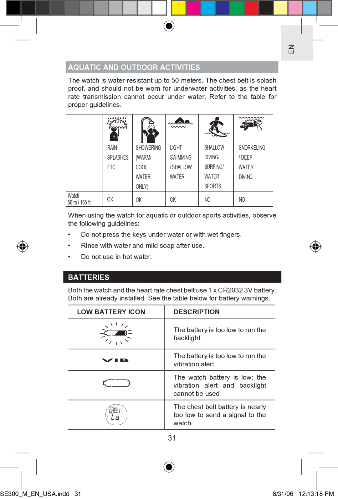 Oregon SE300 user manual Aquatic and Outdoor Activities, Batteries, LOW Battery Icon Description 