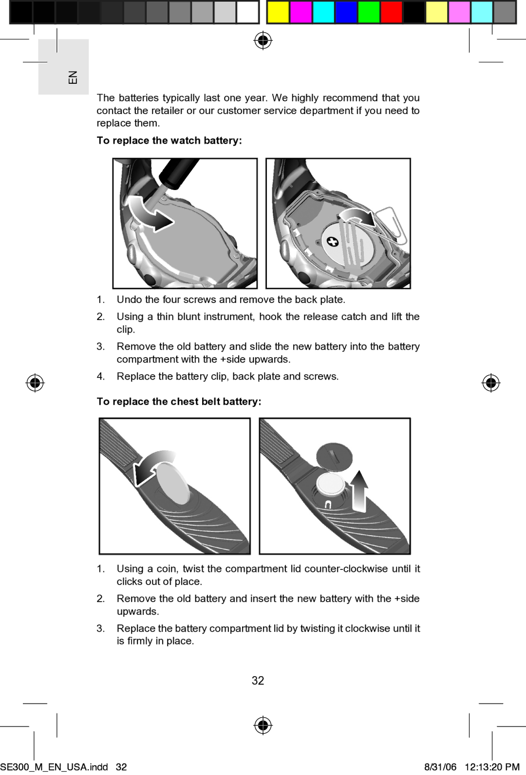 Oregon SE300 user manual To replace the watch battery, To replace the chest belt battery 