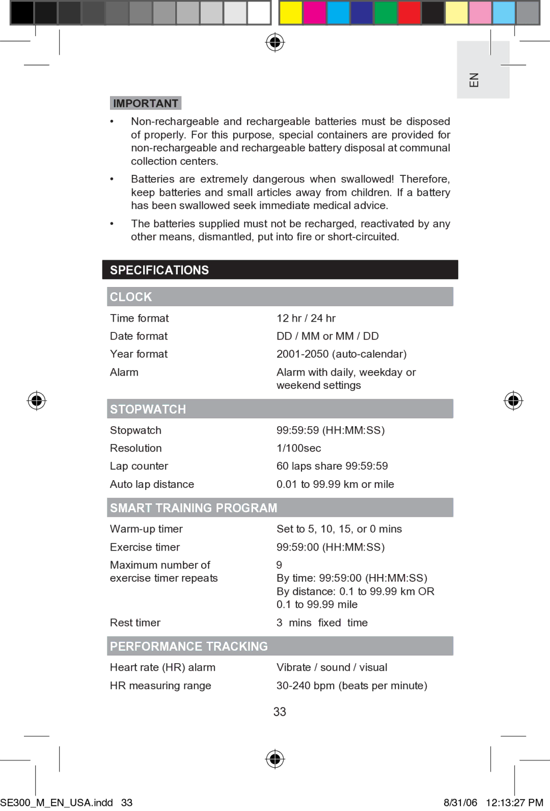 Oregon SE300 user manual Specifications Clock, Smart Training Program, Performance Tracking 