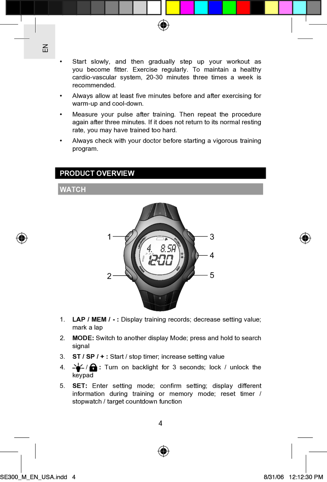 Oregon SE300 user manual Product Overview Watch 