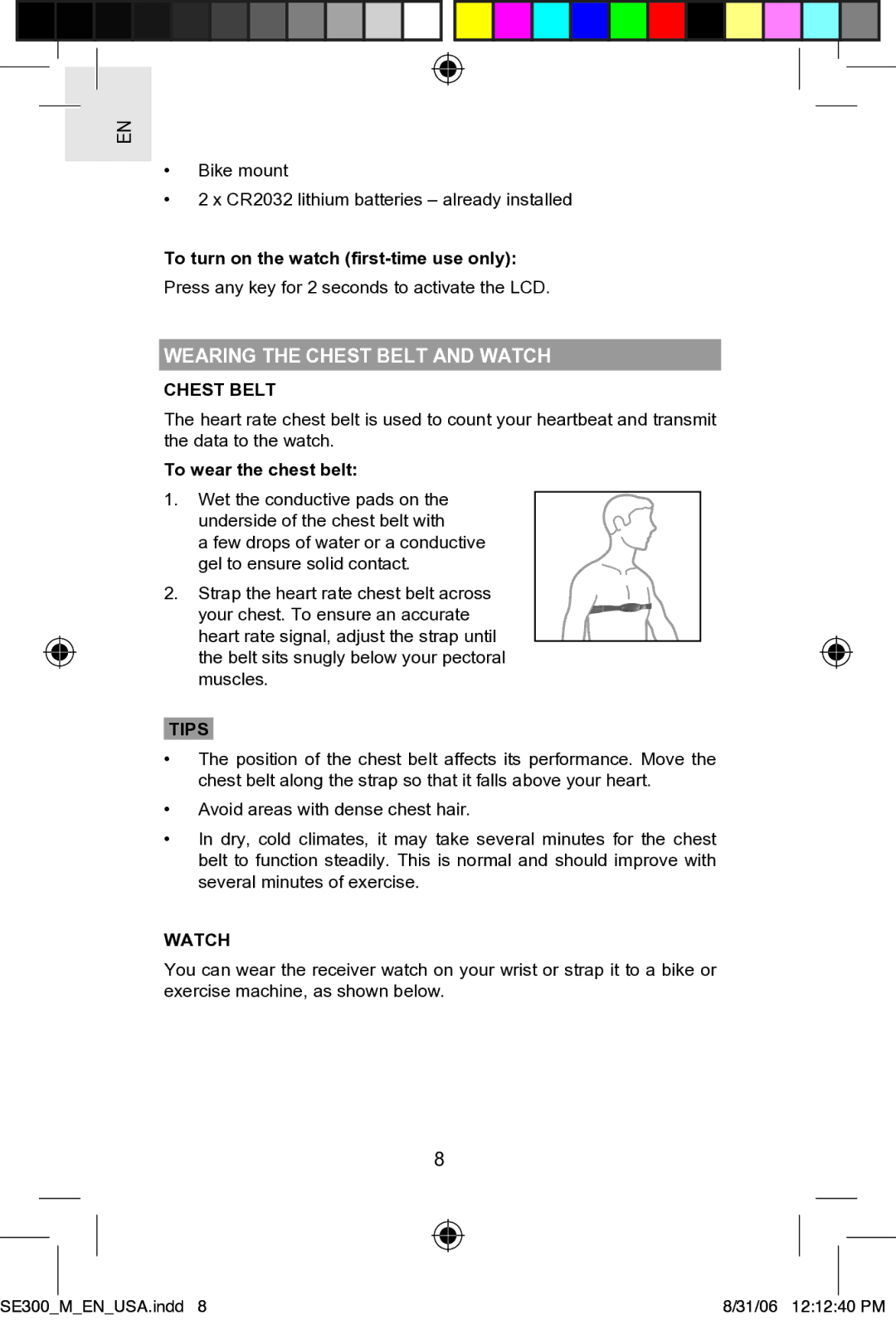 Oregon SE300 user manual Wearing the Chest Belt and Watch, Tips 