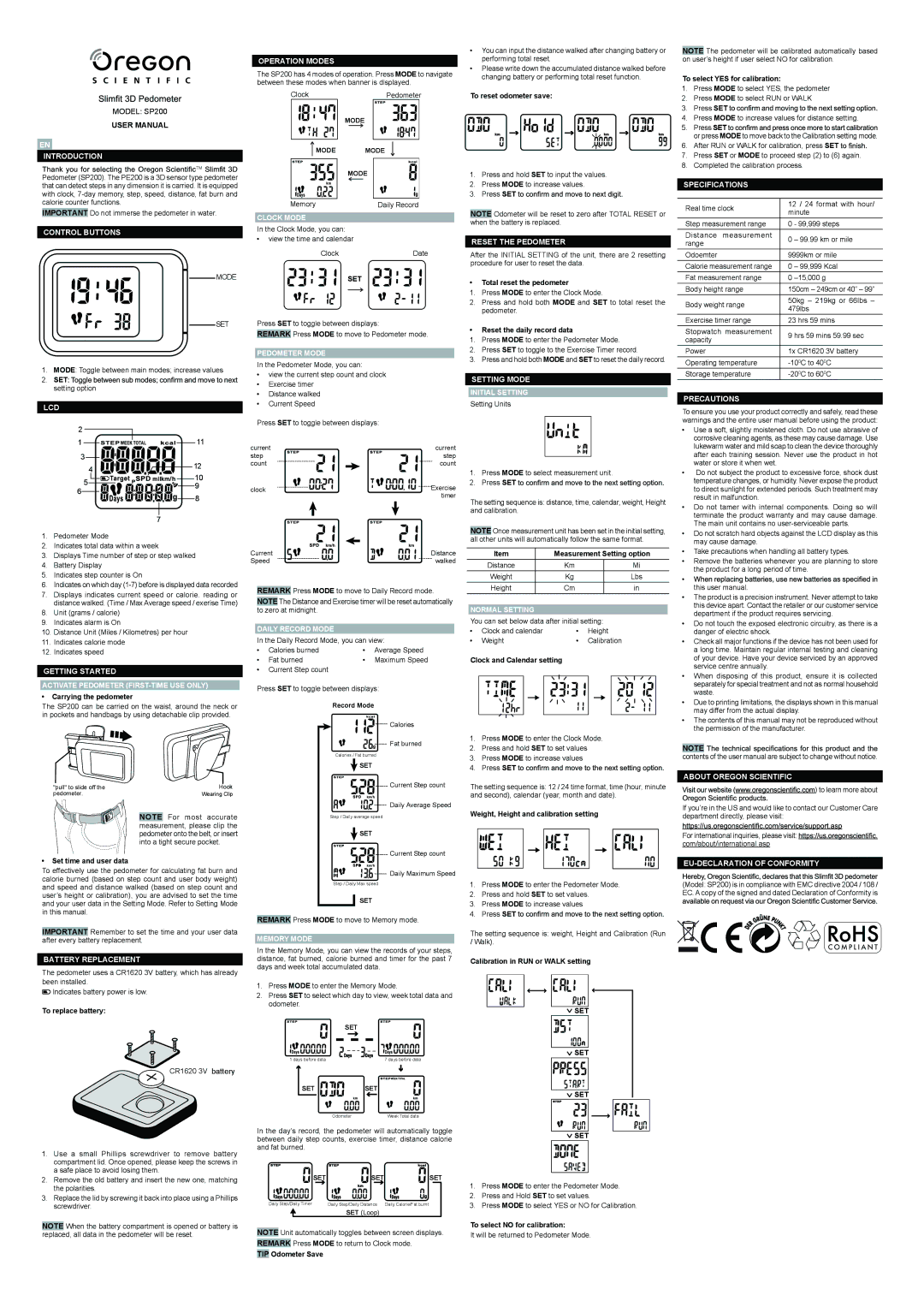 Oregon SP200 specifications Introduction, Control Buttons, Operation Modes, Clock Mode, Pedometer Mode, Specifications 