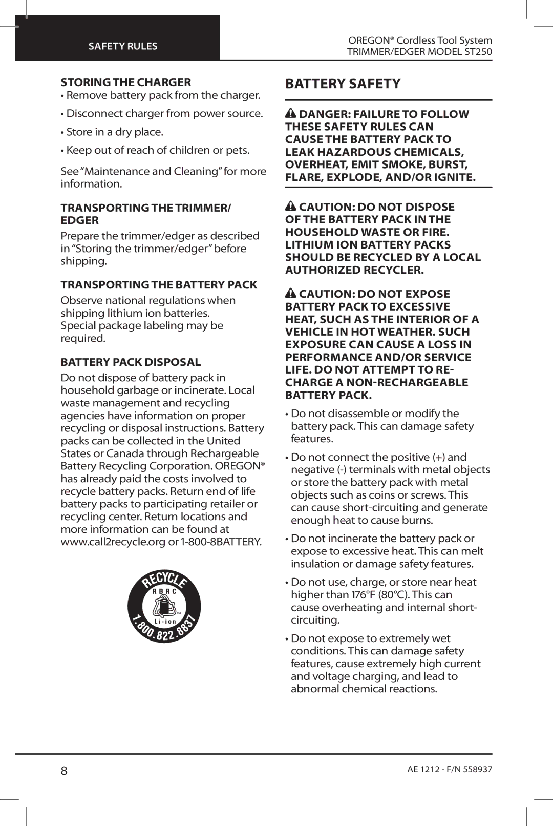 Oregon ST250 Battery safety, Storing the charger, Transporting the trimmer/ edger, Transporting the battery pack 