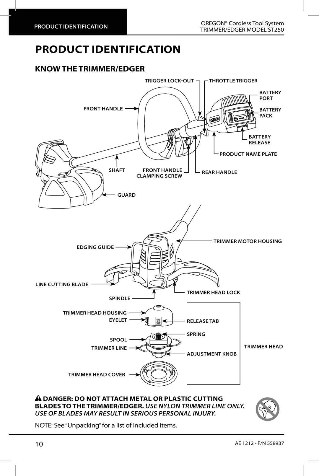 Oregon ST250 instruction manual Product identification, Know the trimmer/edger 