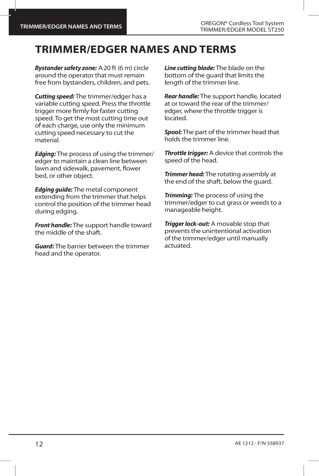 Oregon ST250 instruction manual TRIMMER/edger names and terms 