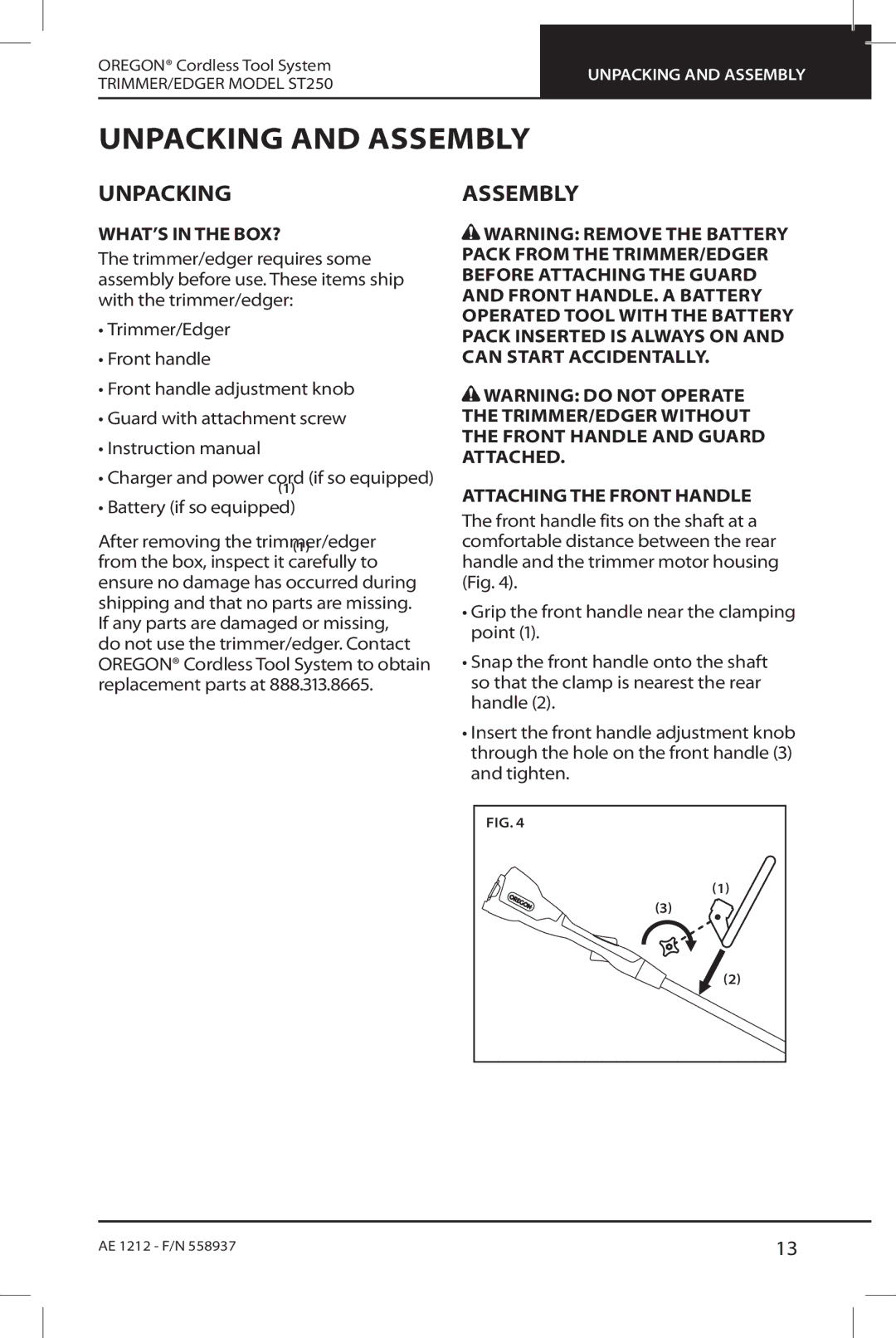 Oregon ST250 instruction manual Unpacking and assembly, Assembly, What’s in the box?, Attaching the front handle 